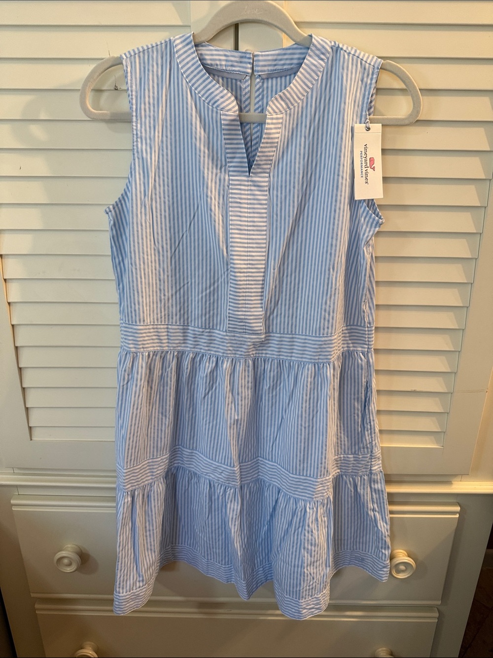 Vineyard Vines Blue and White Striped Sleeveless Seersucker Tiered Dress
